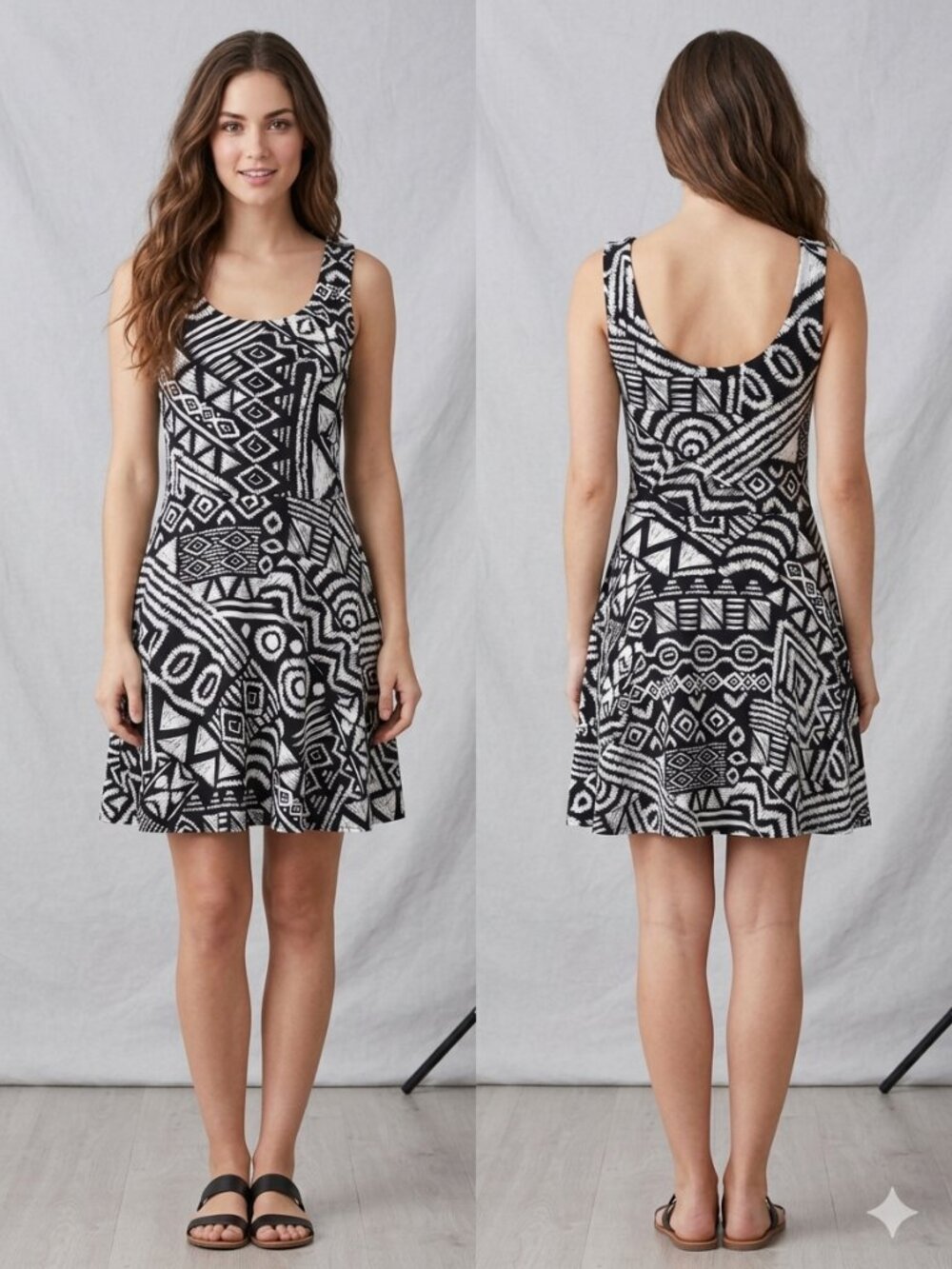 RED Saks Fifth Avenue Tribal Geometric Fit & Flare Dress Black White Size M USA